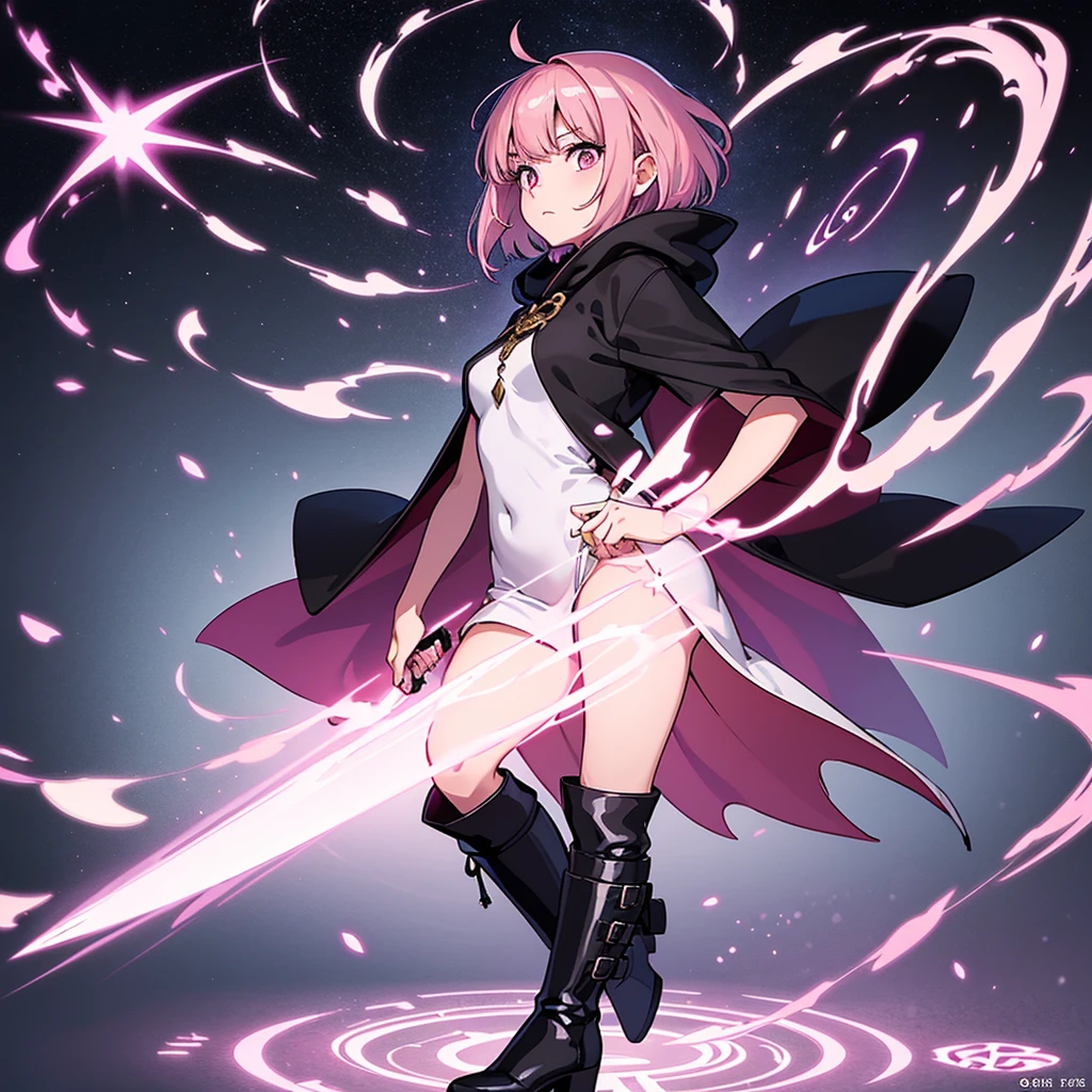 (Full body character concept)、Best illustrations、Best Quality、(Solo)、(The same face:1.1),(One girl、23 years old),Dynamic pose,Medieval Fantasy、Magic wand,(White Background)、(Pink Hair、Very Short Hair、Align your bangs)、(Black hooded robe、pants、Knee-high boots)、(From the side、profile)