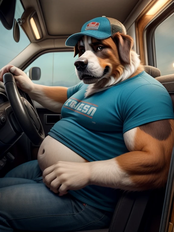 Solo, male, dog, St Bernard, tall, strong, chubby, trucker, in truck, drivers seat, t-shirt, hat, looking at viewer, upper body