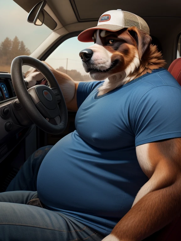 Solo, male, dog, St Bernard, tall, strong, chubby, trucker, in truck, drivers seat, t-shirt, hat, looking at viewer, upper body