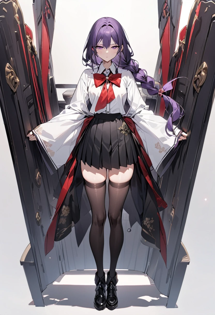 masterpiece, best quality, adult female, dark purple hair, very long single braid, bright purple eyes, white collared shirt with furisode sleeves, thin red bow tie with a diamond-shaped pin on the front of the bow under the collar, black high-waisted pleated skirt, dark purple thigh high socks, black ankle boots, emotionless, calm, expressionless, simple white background, full body, standing, glancing at viewers
