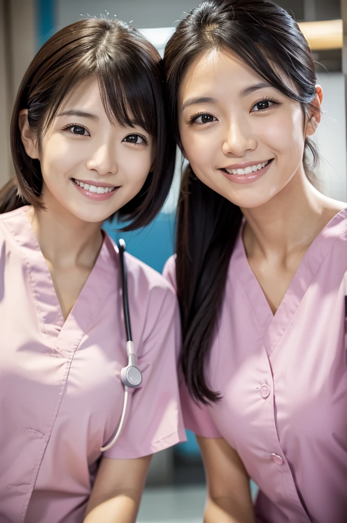 Dental hygienist, only two women Side by side, smiling, wearing light pink medical scrubs, short sleeves, cute, Japanese, black hair, women in their early 20s Upper body close-up high resolution Highest quality Don't press your face too much