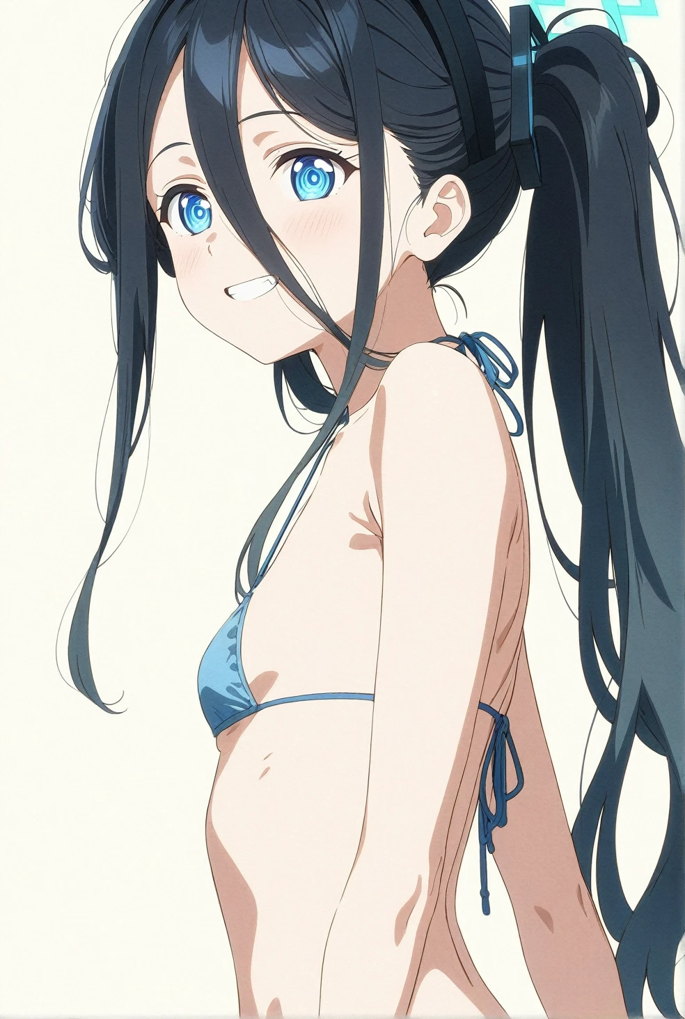 best quality, amazing quality, very aesthetic, absurdres, (1girl, aris (blue archive), blue archive, blue eyes, black hair, small breasts), (realistic face:0.9),(string bikini:1.8), (grin, blush, thigh:1.3), (cowboy shot), (glowing eyes), (half closed eyes:0.9), (from side:2), (official art:1.3), (pool), expressive eyes, perfect face, 4k, extremely detailed anime illustration, extremely detailed eyes, perfect anatomy, light rays, extremely delicate body, smooth skin, (simple background:1.5), clear eyes, beautiful face, small breasts,(anime style:1.7), (Warm Light:1.5), (highres:2),
