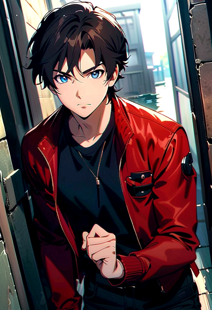 animated boy in red jacket standing on the dock in a lagoon,  with hand on hip, tall anime boy with blue eyes, animated handsome man, handsome anime pose, young animated, Male anime style, male anime character, animated boy, handsome boy in naruto art, anime portrait of a handsome man, as anime character, anime style character, high quality anime art style