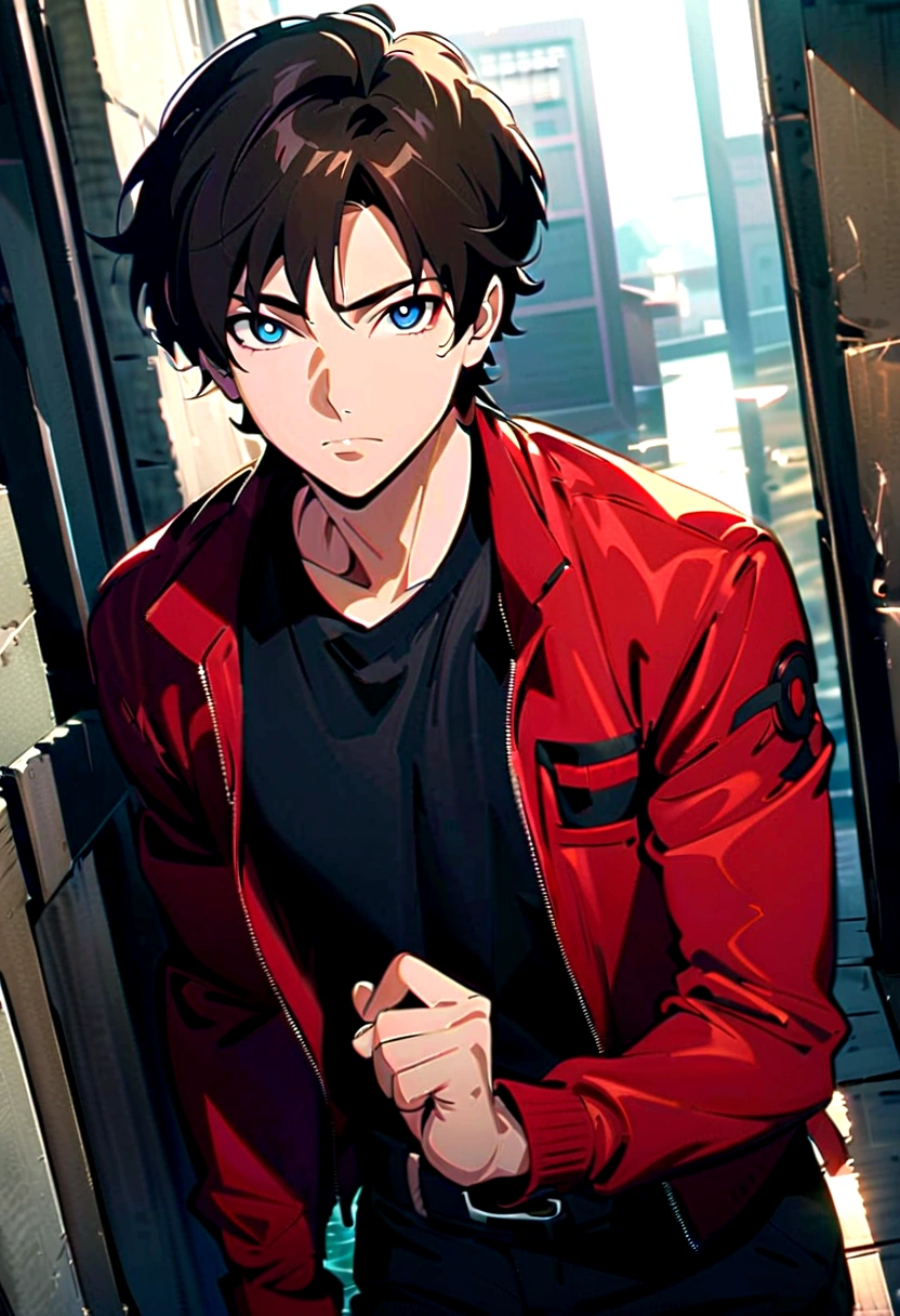 animated boy in red jacket standing on the dock in a lagoon, with hand on hip, tall anime boy with blue eyes, animated handsome man, handsome anime pose, young animated, Male anime style, male anime character, animated boy, handsome boy in naruto art, anime portrait of a handsome man, as anime character, anime style character, high quality anime art style