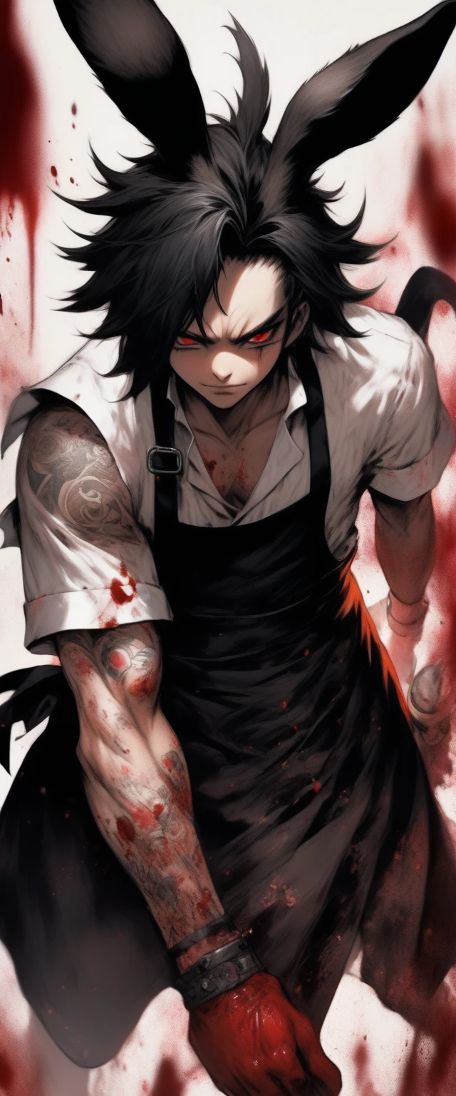 best quality, expressive eyes, perfect face, (1boy), sexy, anthro, (black bunny ears), apron, butcher, bloody, messy hair, genshim impact style, black hair, with tattoo, male, handsome, smug , background white, (full body), bloodstainai, role character, tall slim body, long hair, funamusea inspired
