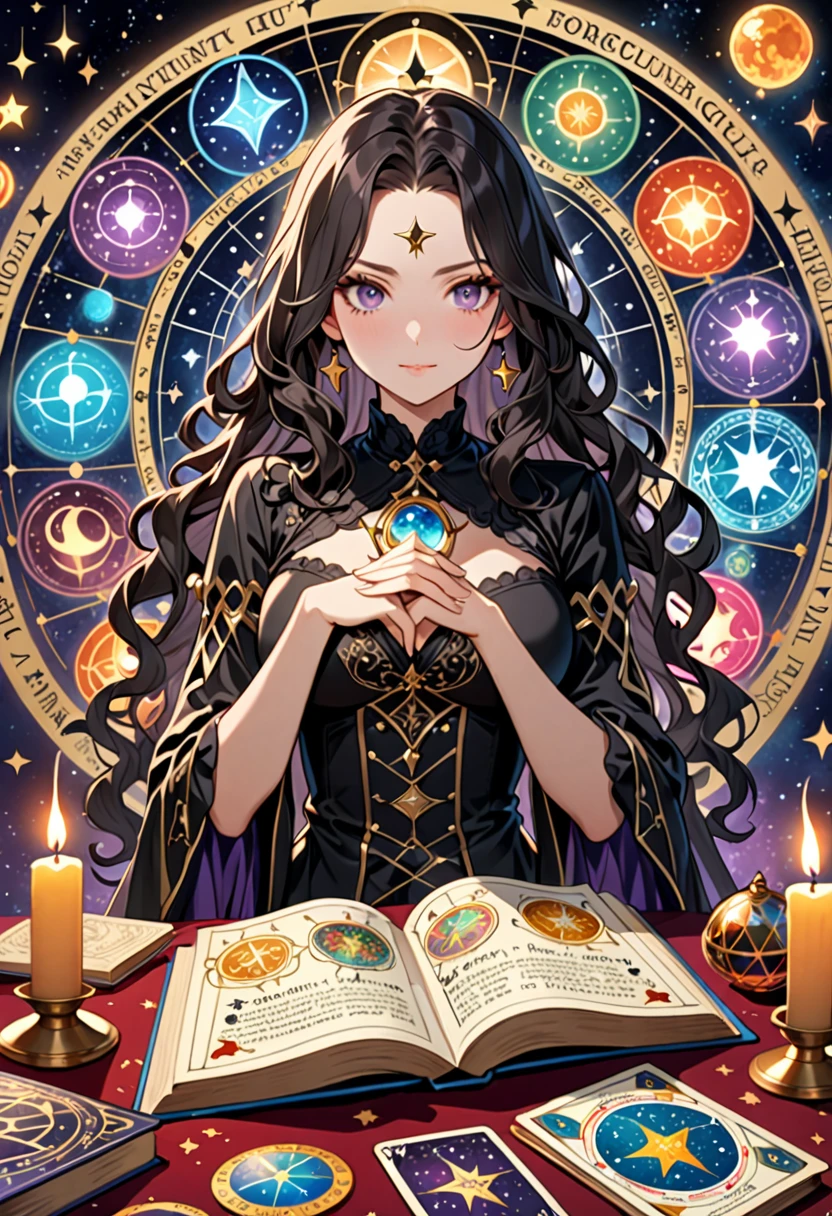 Highest quality, 16K, Unbelievably absurd, Very detailed, 2.5D, delicate and dynamic, , formal, Fortune Telling Hut, Gothic, candle, Astrology Books, Suspicious ornament, Star Chart, Thick book, Creepy Paintings, Gargoyle, A colorful celestial globe, Small face, Very delicate facial expressions, Delicate eye depiction, Upper body close-up, erotic, One sexy woman, Cool woman, black long wavy hair, Healthy body shape, 25-year-old woman, Cool woman, Height: 170cm, huge bouncing busts, astrologer, Horoscope, Tarot Cards, Suspicious look, A complex magician&#39;s outfit, Magician&#39;s outfit in chic colors, garter belt, Fishnet tights, Magician&#39;s Shoes, At the desk, Fortune telling, 