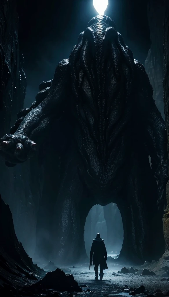 A black abyss monster emitting uncertain white light is walking。
Emitting black mist,Giant monster,Horrible God,Dark creatures,Cthulhu God,Lovecraftian gods。A huge cave in the background,Lovecraft atmosphere,Lovecraftian inspiration,lovecraftian background,Dark background,Weird atmosphere,Strange sounds,Doomsday atmosphere,Unpredictable atmosphere。