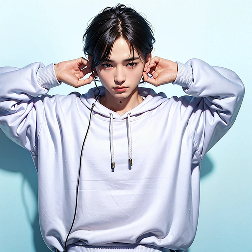 Handsome 20 years old man wearing white sweatshirt and headphones with plain white background.