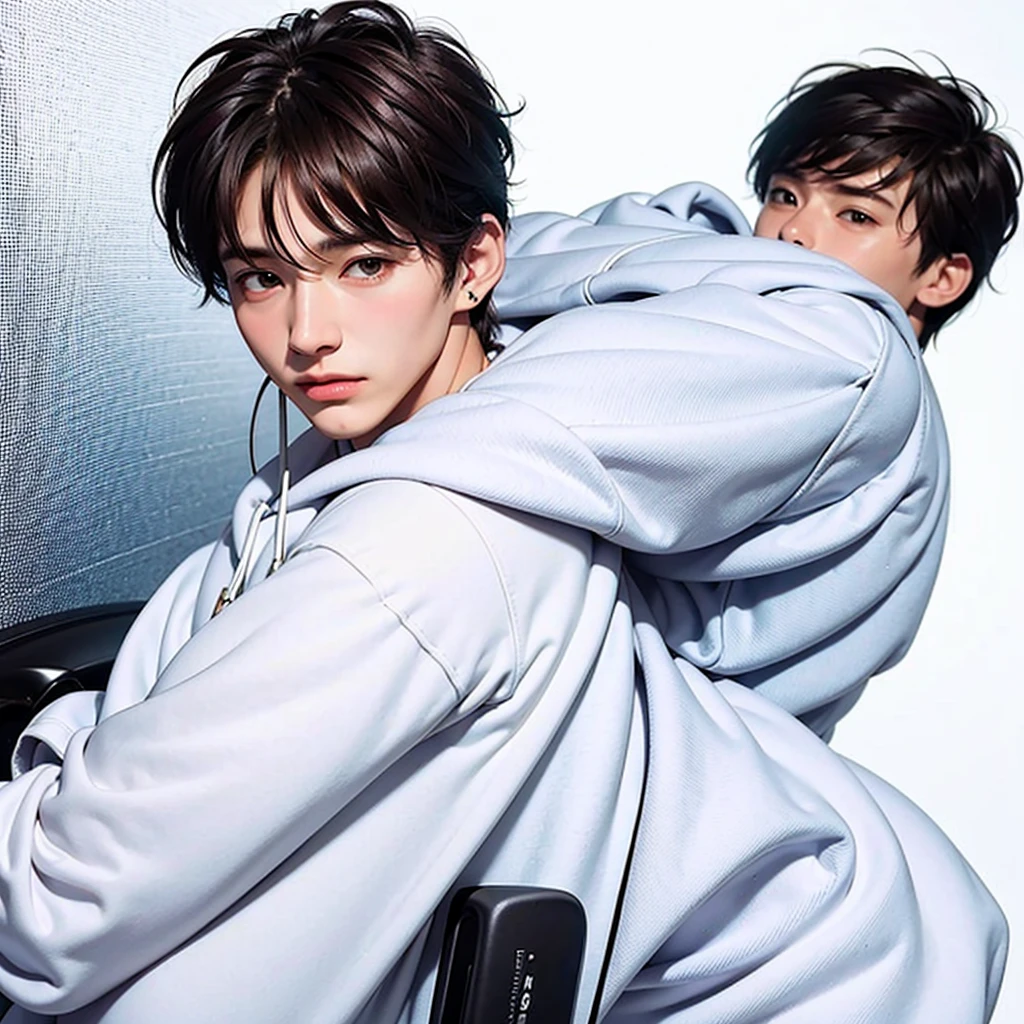 Handsome 20 years old man wearing white sweatshirt and headphones with plain white background.