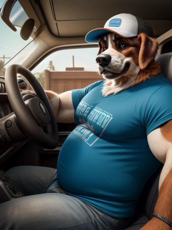 Solo, male, dog, St Bernard, tall, strong, chubby, trucker, in truck, drivers seat, t-shirt, hat, facing viewer, upper body