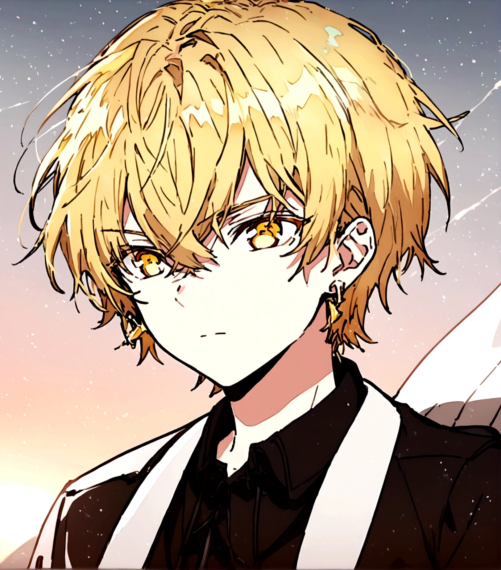 Anime male, gold eyes, gold hair, golden earrings, black shirt, black tech jacket, black pants, best quality, cool, sunset