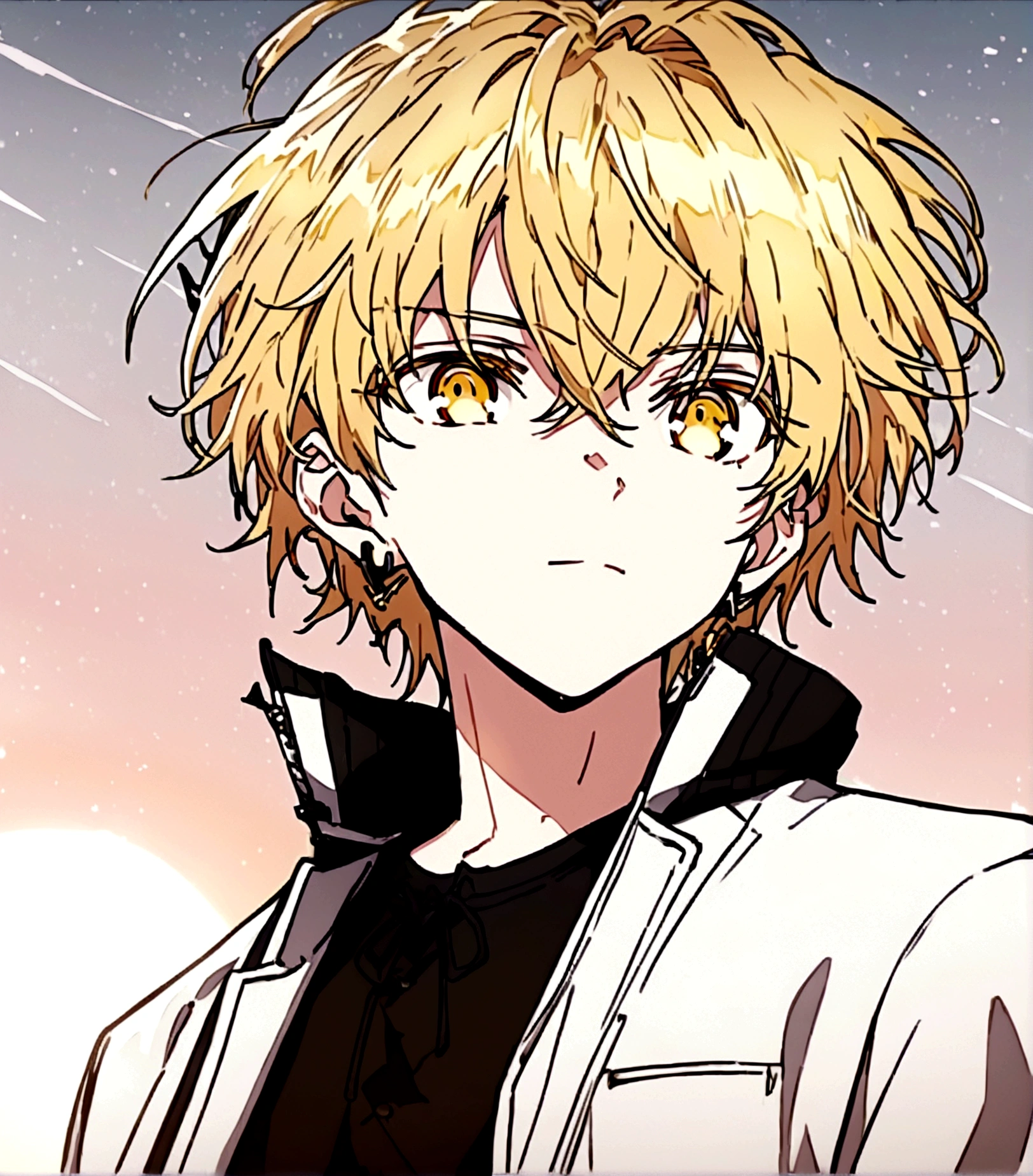 Anime male, gold eyes, gold hair, golden earrings, black shirt, black tech jacket, black pants, best quality, cool, sunset