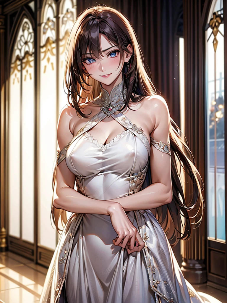 Highest quality, Ultra-high resolution, (Realistic: 1.4), beautiful Eyes, Super beautiful, beautiful, spouse, Long dress, beautiful Soldier, Eyes that beckon, spouseの視点, Attractive look, Sexy smile, Perfect Style, Perfect balance, Detailed skin, Mischievous Gaze,