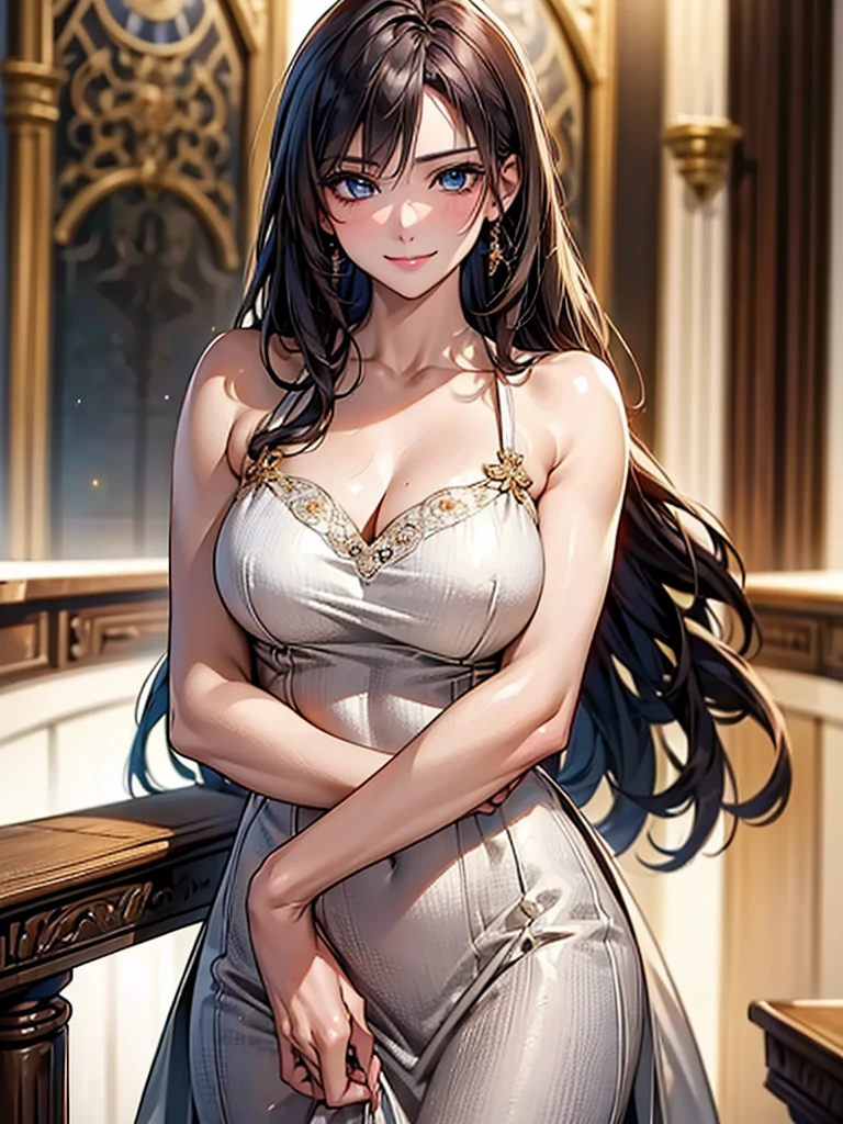 Highest quality, Ultra-high resolution, (Realistic: 1.4), beautiful Eyes, Super beautiful, beautiful, spouse, Long dress, beautiful Soldier, Eyes that beckon, spouseの視点, Attractive look, Sexy smile, Perfect Style, Perfect balance, Detailed skin, Mischievous Gaze,