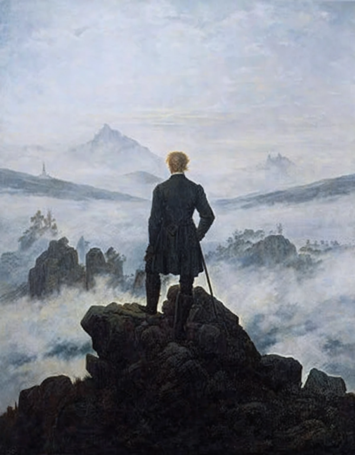 a painting of a man standing on the top of a mountain, that man is quimir, sith the acolyte, Wanderer over the sea of fog, a wanderer on a mountain, inspired by Caspar David Friedrich, DAVID FEDERICH, asher DAVID FEDERICH, romance painting, Par Friedrich, inspired by Friedrich Ritter von Friedländer-Malheim, by Caspar David Friedrich, romance, german romance style