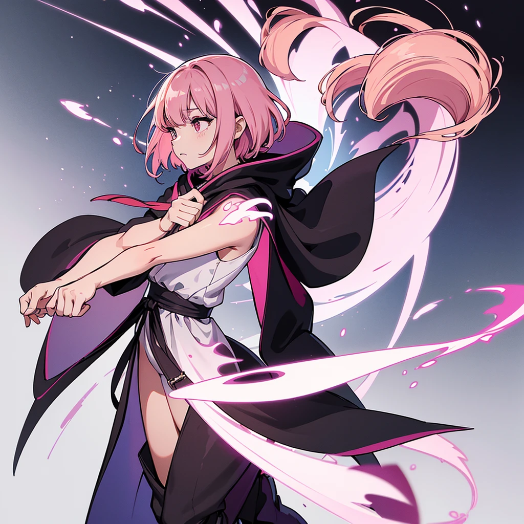 (Full body character concept)、Best illustrations、Best Quality、(Solo、23 years old)、(The same face:1.1),Dynamic pose,Medieval Fantasy、Magic wand,(White Background)、(Pink Hair、Very Short Hair、Align your bangs)、(Black hooded robe、pants、Knee-high boots)、(From the side、profile)