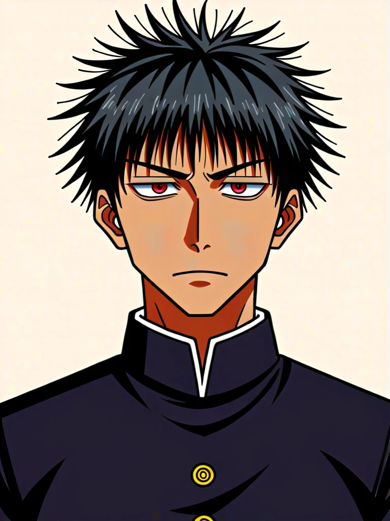 (1boy,jujutsu kaisen) solo, ((brown skin color)), black hair, ((messy fringe hairstyle)), red eyes, black suit, tired eyes, eye bags, ************, masterpiece, best quality, high quality, upper body, male focus, eye bags,