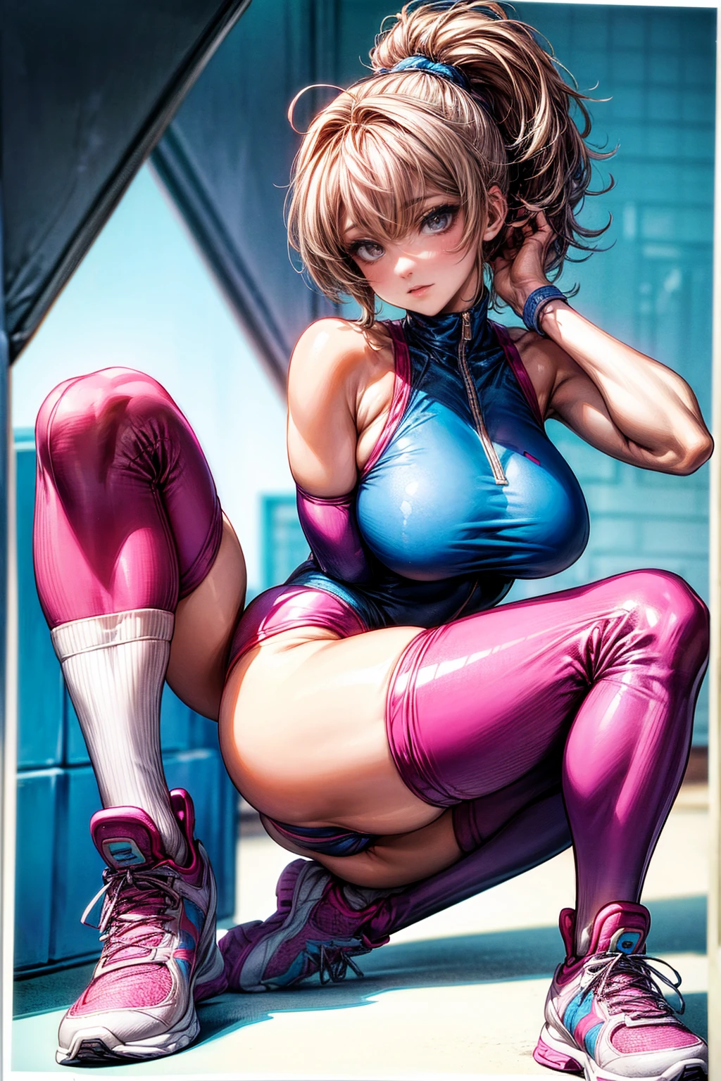 80s aerobics style、High leg leotard、Colored tights、loose socks、sneakers、Detailed picture、girl、25-year-old woman、Dynamic pose、