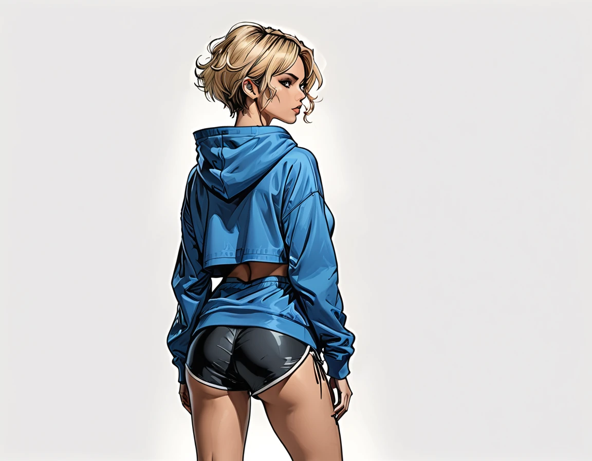 (Rear view), (view from the back) ,outline, contour, deep shadow, shadows,
back view girl girl in Blue oversized hoodie and black Elastic shorts on white background, adult, Hourglass fitness body, perfect Olive skin, Short blonde Waves pixie hair,
graphic style of novel comics, perfect hands, 2d, 8k, hyperrealism, masterpiece, high resolution, best quality, ultra-detailed, super realistic, Hyperrealistic art, high-quality, ultra high res, highest detailed, lot of details, Extremely high-resolution details, incredibly lifelike, colourful, soft cinematic light,