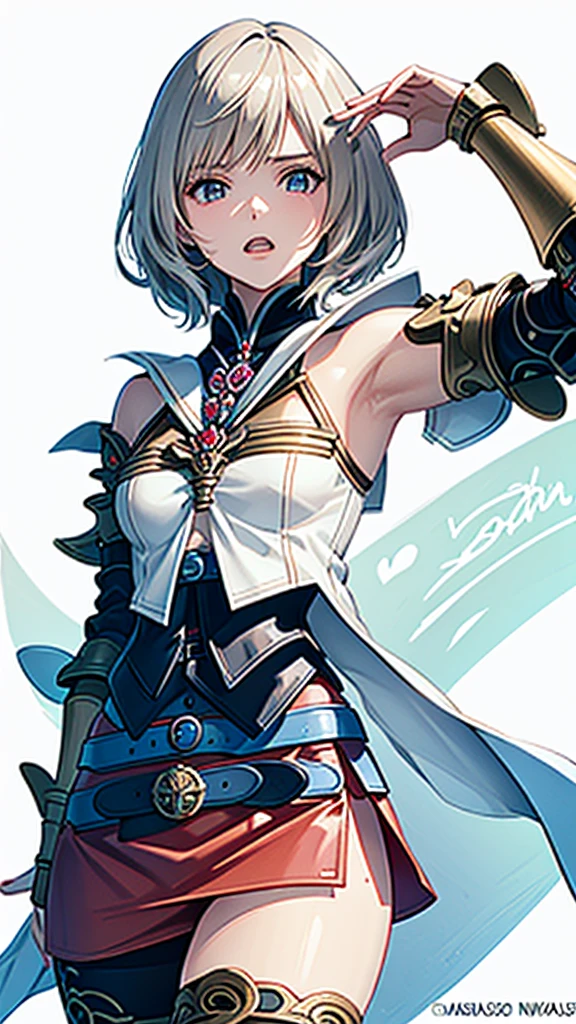 White background,appearance々Facial expressions,cowboy shot,(masutepiece, of the highest quality, Best Quality, Official art, Beautiful and aesthetic:1.2), ighly detailed, Colorful,highest details,Illustrations,Everyday scenery, 1girl in, Solo, (Final Fantasy 12,Ashelia, shorth hair,short-hair ,Ashelia Costume,Red mini skirt, thighs thighs thighs thighs, Knee socks that cover up to the shin,jewely, Blue belt,Number on one of the belts), is standing, gritted teeth, Heavy breathing, move chart,Medieval fantasy