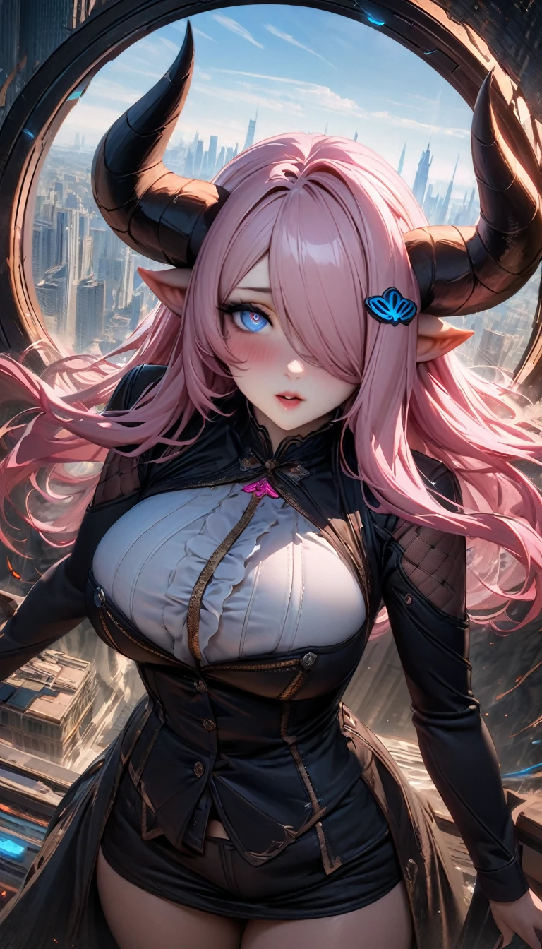 Narmaya has just stepped through a portal from her fantasy world into modern America. She stands in awe of the city buildings around her as the portal behind her closes. In the background The portal and city skyline are visible. The image is life-like and semi-realistic. Extreme detail has been put into the shading. It's a masterpiece of fantasy art.(masterpiece), best quality, expressive eyes, perfect face, portal, American city, sky scrapers, seductive, erotic, fantasy, 8k, absurdres, narmaya, pink hair, blue eye with pink pupil, hair over eye, draph, horns, butterfly hair clip,