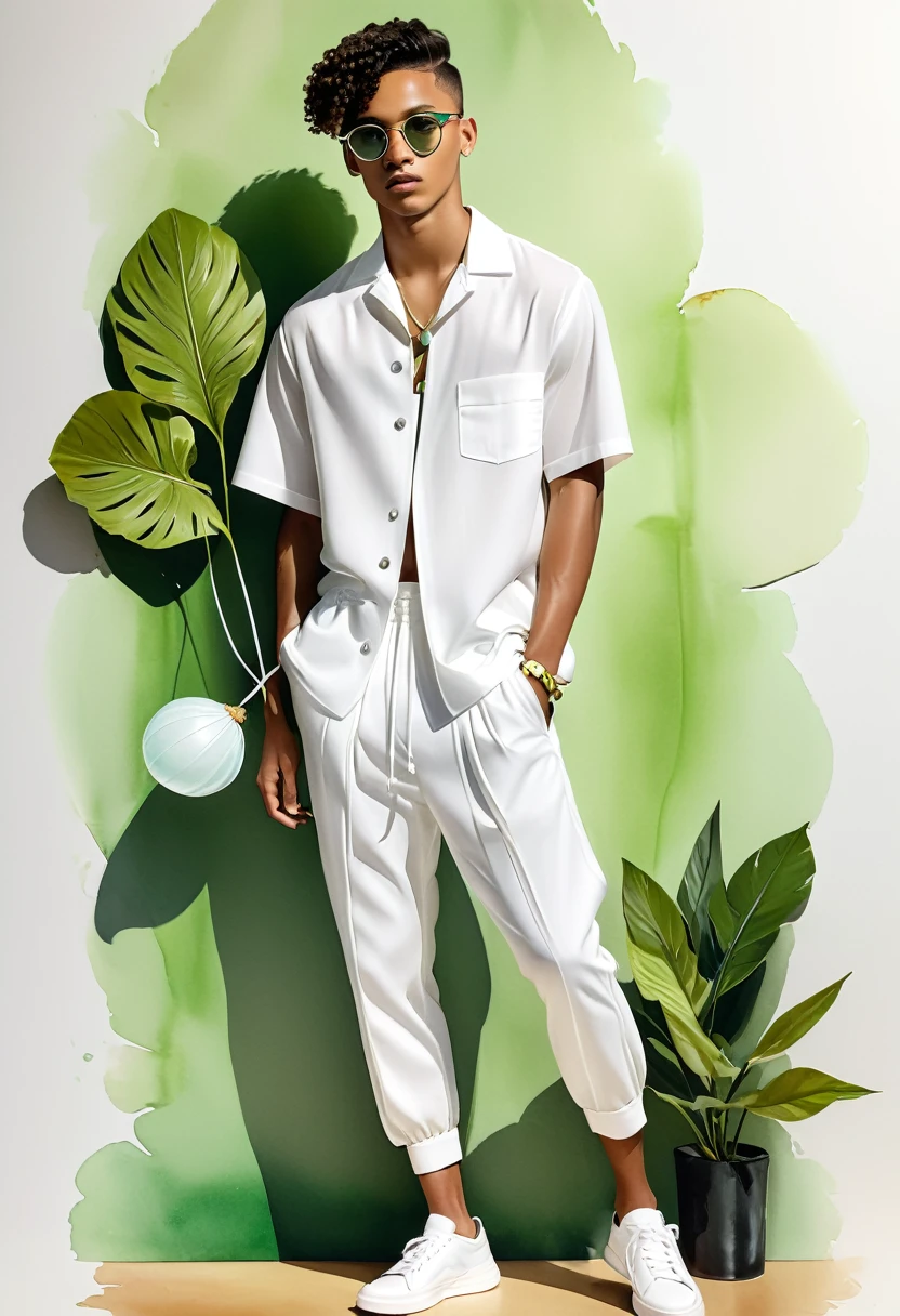 candid fashion illustration of young Mixed race man and woman, both aged 18 year old, ((showcase fashion look book in a Black and White rayon outfits)), inspired by BACKSTAGE resort collection 2023 in elegant young chic bohemian style. The man wears an oversized short-sleeved bowling white shirt with a minimal embroidery details, paired with relaxed-fit white Sports pants with Drawstring, He completes his look with white sneakers, round glasses. The woman complements him in a white Calf-length, fitted dress in a cotton crêpe weave with a sweetheart neckline, smocked section at the back and a concealed zip at one side. Elbow-length, organza-filled balloon sleeves with covered elastication over the shoulders and at the cuffs, Smocked details to creating gathers technique, Her ensemble includes an accessorizes with a brimmed straw bag, wood necklace and white sneakers and necklace. Captured in a low angle, ((full-body image)), ((light green leaf water color background)), sketching, realistic drawing, ((imperfect water color drawing)), fashion look book, fashion illustrator, sketch design,