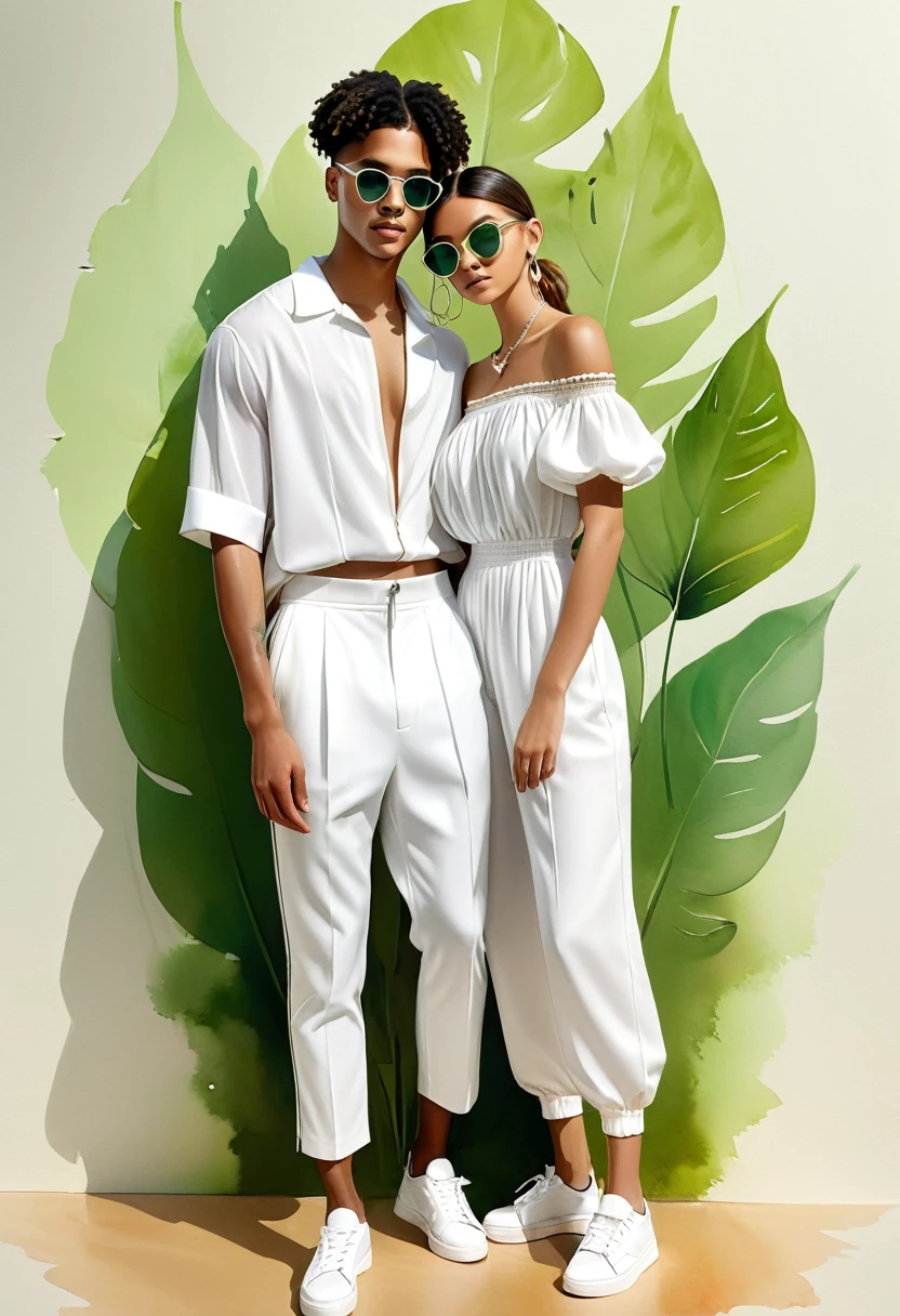 candid fashion illustration of young Mixed race man and woman, both aged 18 year old, ((showcase fashion look book in a Black and White rayon outfits)), inspired by BACKSTAGE resort collection 2023 in elegant young chic bohemian style. The man wears an oversized short-sleeved bowling white shirt with a minimal embroidery details, paired with relaxed-fit white Sports pants with Drawstring, He completes his look with white sneakers, round glasses. The woman complements him in a white Calf-length, fitted dress in a cotton crêpe weave with a sweetheart neckline, smocked section at the back and a concealed zip at one side. Elbow-length, organza-filled balloon sleeves with covered elastication over the shoulders and at the cuffs, Smocked details to creating gathers technique, Her ensemble includes an accessorizes with a brimmed straw bag, wood necklace and white sneakers and necklace. Captured in a low angle, ((full-body image)), ((light green leaf water color background)), sketching, realistic drawing, ((imperfect water color drawing)), fashion look book, fashion illustrator, sketch design,