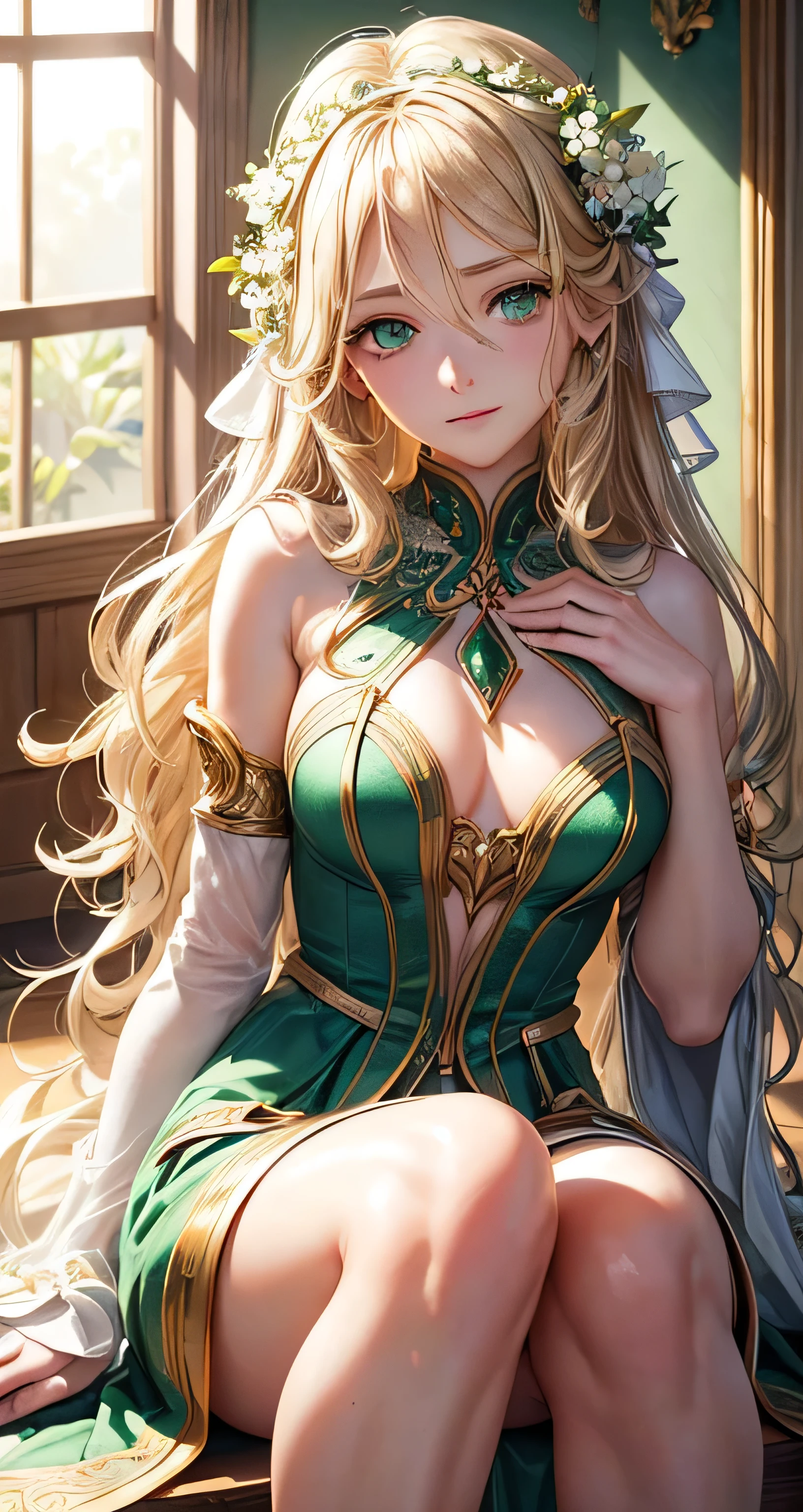 1girl, serene, sitting, (long, wavy blonde hair), ((emerald green eyes)), (((ultra detailed eyes:0.8, beautiful and detailed face, detailed eyes:0.9))), ((three-quarter view, from the chest up)), looking at flowers, (((indoor, sunlight streaming through the window:0.9))), (((head tilted to the side, hand gently resting on knee))), expressive eyes, beautiful lighting, indoor, home, background, (((close up on face))), 28 years old, (((content)))