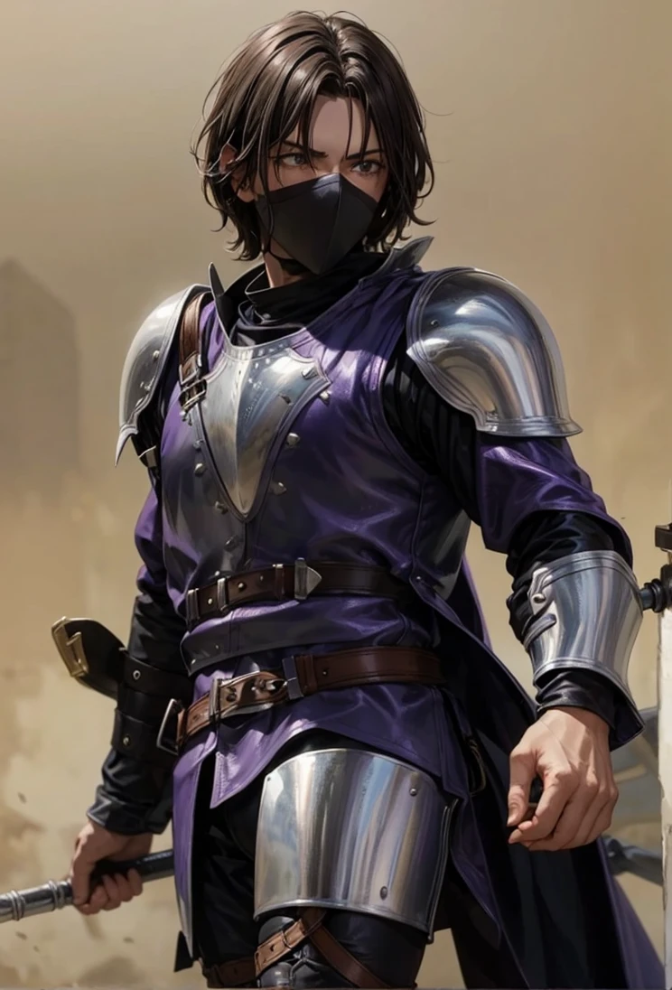 An experienced knight in purple leather and silver armor