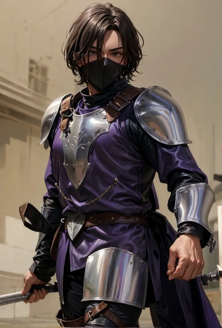 An experienced knight in purple leather and silver armor