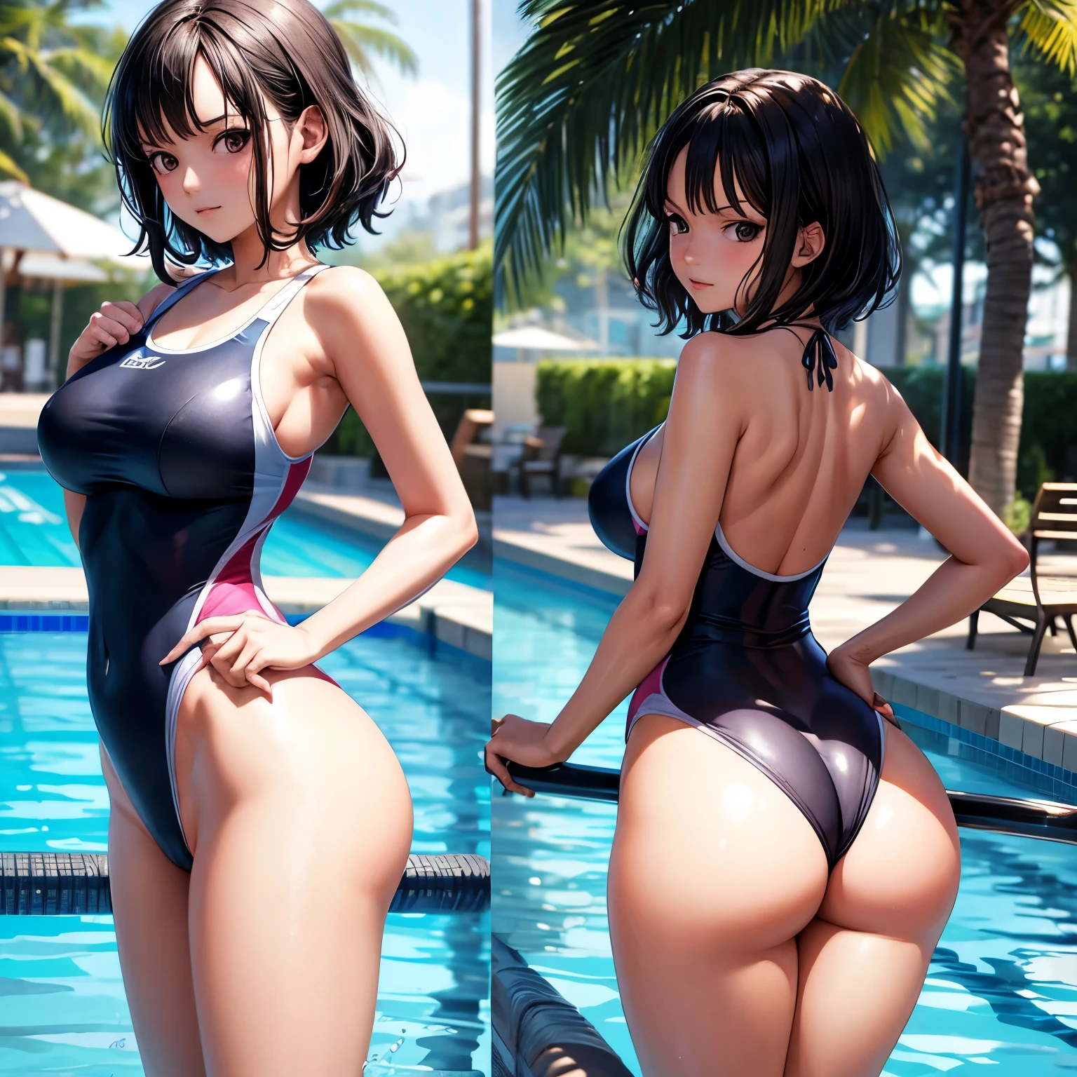 (4K,masterpiece,best quality,ultra detailed),(from behind:1.2),(leaning forward,stick out butt:1.2),looking back,(daylight,bloom),(solo),(beautiful girl),Japanese,(teenage),(medium hair,beautiful black hair),(beautiful detailed face,beautiful detailed eyes,finely detailed skin),(medium breast,medium hips),(fair skin),slender,light smile,shy,(one piece competition swimsuit),(on pool side),(cameltoe:0.1),realistic,(close up hip),