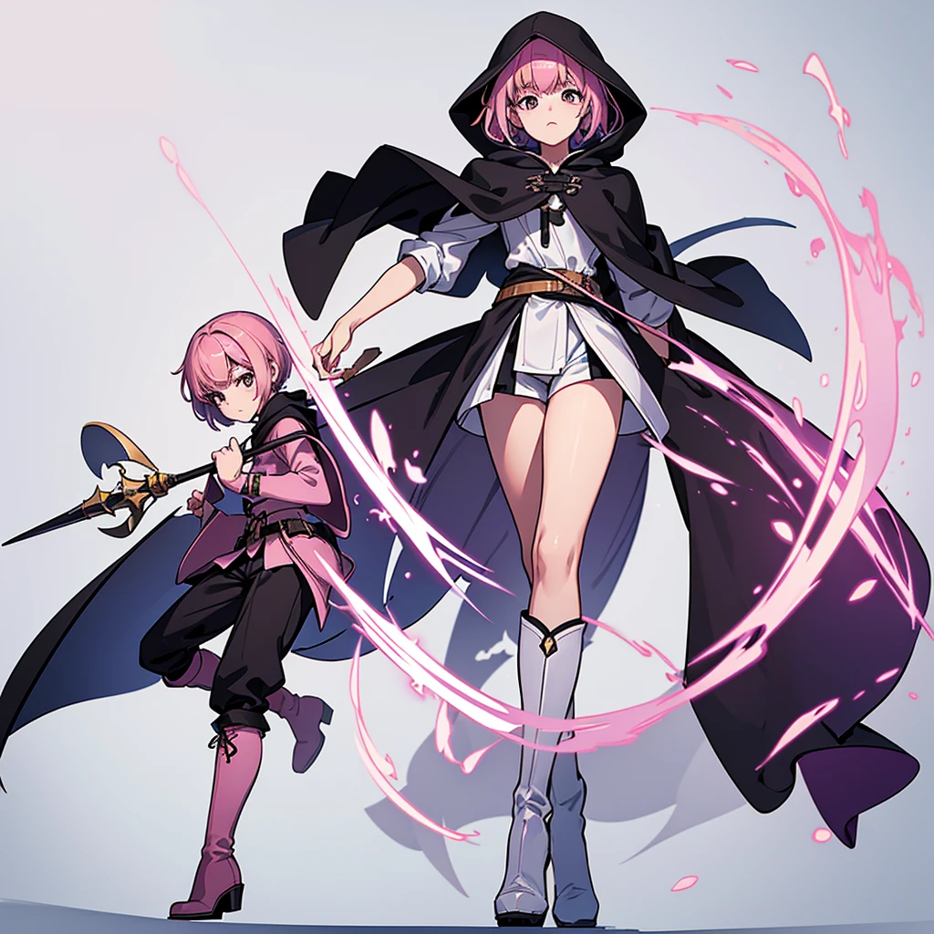 (Full body character concept)、Best illustrations、Best Quality、(Solo、23 years old)、(The same face:1.1),Dynamic pose,Medieval Fantasy、Magic wand,(White Background)、(Pink Hair、Very Short Hair、Align your bangs)、(Black hooded robe、pants、Knee-high boots)、(From below)