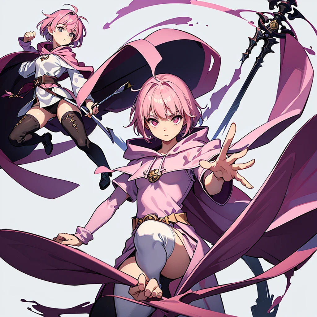 (Full body character concept)、Best illustrations、Best Quality、(Solo、23 years old)、(The same face:1.1),Dynamic pose,Medieval Fantasy、Magic wand,(White Background)、(Pink Hair、Very Short Hair、Align your bangs)、(Black hooded robe、pants、Knee-high boots)、(From below)