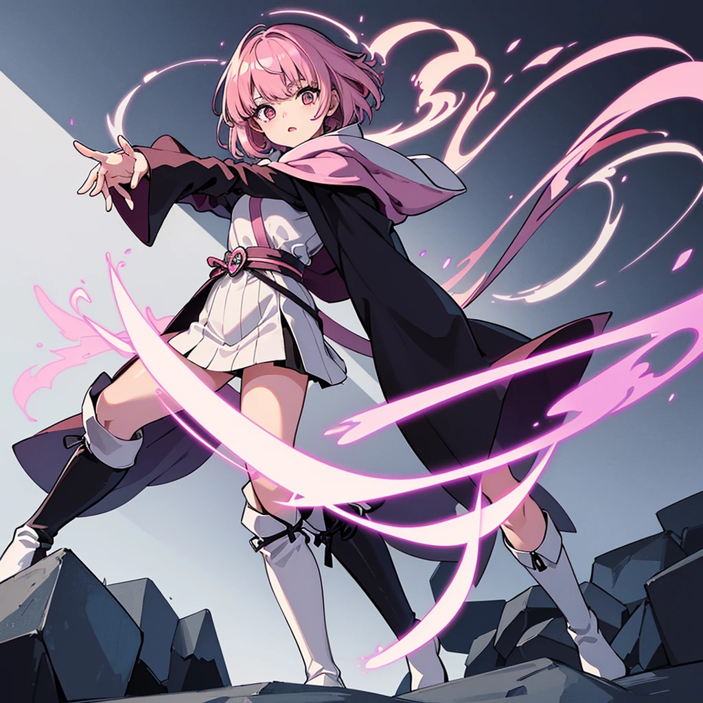 (Full body character concept)、Best illustrations、Best Quality、(Solo、23 years old)、(The same face:1.1),Dynamic pose,Medieval Fantasy、Magic wand,(White Background)、(Pink Hair、Very Short Hair、Align your bangs)、(Black hooded robe、pants、Knee-high boots)、(From below)