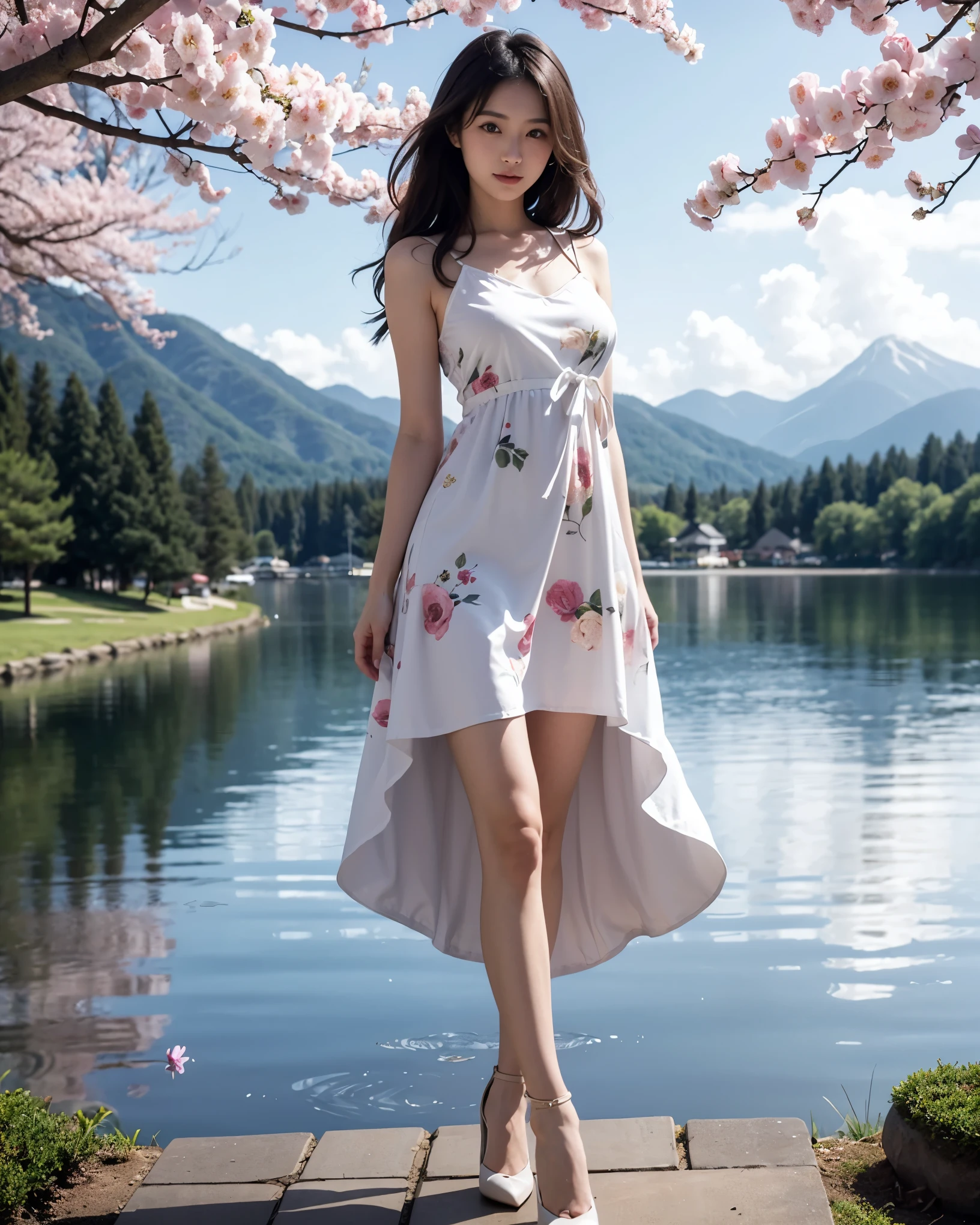 Beautiful Japanese waifu, early 30s, brunette hair, white dress with floral patterns