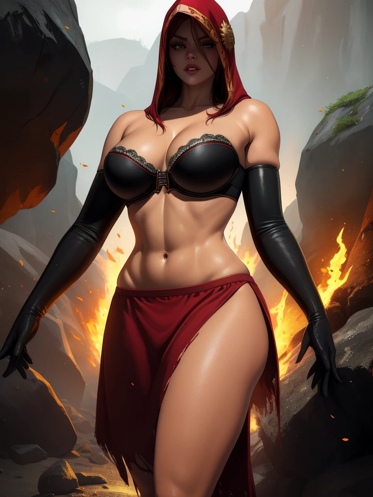Dsorceress, redhair, shadowy face,dark cave, fire, hood, shadowed face, strapless bra, slim and athletic body, miniskirt, no panty, elbow gloves, dark skin, 1 girl (insanely detailed, masterpiece, best quality)