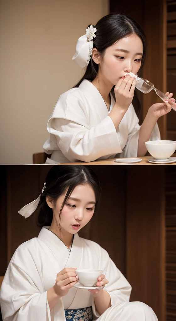 A woman spitting out the white liquor in her mouth、Beauty、White formal wear、Edo Period、No exposure、Cup、Sweet Sake、Makgeolli