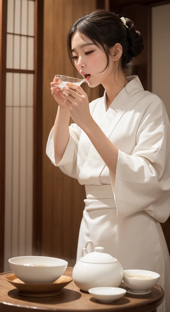 A woman spitting out the white liquor in her mouth、Beauty、White formal wear、Edo Period、No exposure、Cup、Sweet Sake、Makgeolli