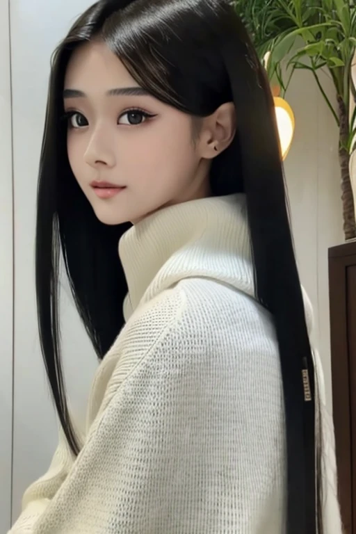 riz, (best quality), (Masterpiece:1.2), (realistic, photo-realistic:1.2), (Highly Detailed Face and Skin Texture), (full body shot from behind:1.1), (20 years old Japanese idol), cute face, Whitening Skin, Double Eyelids, (Absurdly Long Hair:1.5), (slim figure), (flat bust:0.9), long legs, (Black Straight Hair),(black long coat)