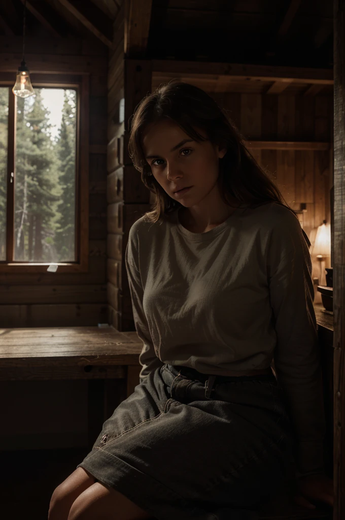 a young white female, sitting on rafters of a modern day cabin, detailed face, realistic, photorealistic, 8k, HDR, cinematic lighting, dramatic composition, dramatic lighting, chiaroscuro, moody atmosphere, dark tones, warm colors, hyperrealistic, beautiful eyes, beautiful face, mission impossible style