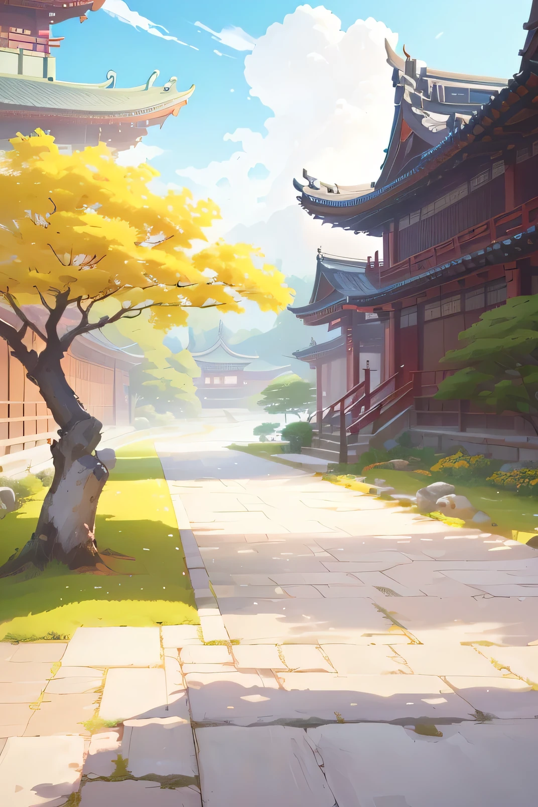 Anime scenery of courtyard with trees and buildings, anime background technology, Ross Chen. Landscape background, g liulian art style, Anime Landscape Concept Art, background technology, Dreamy Chinatown, Onmyoji detailed art, background technologywork, author：Yang J, by Shitao, Detailed scenery —width 672, Anime Background, Zen temple background