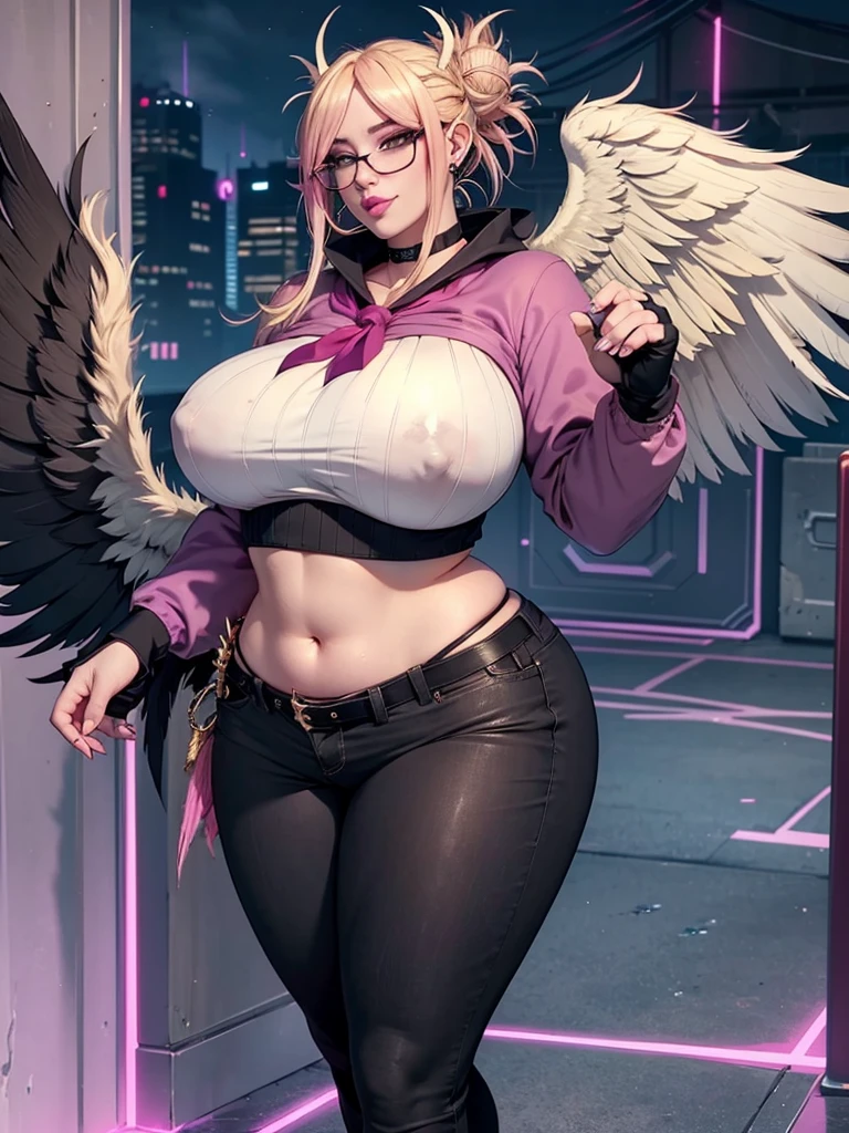realisticlying,22yo girl,Blonde short、big body, sexy lingerie lace black ,perfect eyes, hair bunches、very very long hair, ultradetailed hair, body nylon sexy, Breasts enlarged、 big body, blonde, woman 1.90 CM,ponytail, ((hair over eyes)),perfect mouth, massive big bounce oppai, WET SKIN, (masterpiece, best quality:1.2), 1girl, solo, city background, haze \(fortnite\), Harpy Haze From fortnite, 1girl, earrings, glasses, hat, jewelry, lips, long hair, looking at viewer, makeup, nail polish, pink eyes, pink hair, pink nails, smile, sunglasses, tinted eyewear, belt, black pants, crop top, eyeshadow, midriff, navel, pants, choker, fingernails, round eyewear, sharp fingernails, standing, black feathers, black headwear, hoop earrings, horned headwear, horns, denim, winged arms, feather trim, star \(symbol\), elbow gloves, dark pink lips, feathers, heels, shoes, angel wings, bangle, black wings, crop top overhang, feathered wings, harpy, low wings, multicolored hair, multicolored wings, pink wings, wings, fingerless gloves, shirt, long fingernails, boater hat, bootcut pants, leather pants, sleeves, black sleeves,massive big bounce oppai,massive big bounce oppai,massive big bounce oppai,big bounce oppai,big bounce oppai,