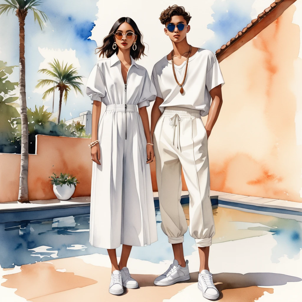 candid fashion illustration of young Mixed race man and woman, both aged 18 year old, ((showcase fashion look book in a Black and White rayon outfits)), inspired by BACKSTAGE resort collection 2023 in elegant young chic bohemian style. The man wears an oversized short-sleeved bowling white shirt with a minimal embroidery details, paired with relaxed-fit white Sports pants with Drawstring, He completes his look with white sneakers, round glasses. The woman complements him in a white Calf-length fitted dress in a cotton crêpe weave with a sweetheart neckline, smocked section at the back and a concealed zip at one side. Elbow-length, organza-filled balloon sleeves with covered elastication over the shoulders and at the cuffs, Her ensemble includes an accessorizes with a brimmed straw bag, wood necklace and white sneakers and necklace. Captured in a low angle, ((full-body image)), ((light water color background)), sketching, realistic drawing, ((imperfect water color drawing)), fashion look book, fashion illustrator, sketch design,