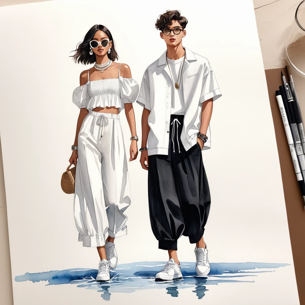 candid fashion illustration of young Mixed race man and woman, both aged 18 year old, ((showcase fashion look book in a Black and White rayon outfits)), inspired by BACKSTAGE resort collection 2023 in elegant young chic bohemian style. The man wears an oversized short-sleeved bowling white shirt with a minimal embroidery details, paired with relaxed-fit white Sports pants with Drawstring, He completes his look with white sneakers, round glasses. The woman complements him in a white Calf-length fitted dress in a cotton crêpe weave with a sweetheart neckline, smocked section at the back and a concealed zip at one side. Elbow-length, organza-filled balloon sleeves with covered elastication over the shoulders and at the cuffs, Her ensemble includes an accessorizes with a brimmed straw bag, wood necklace and white sneakers and necklace. Captured in a low angle, ((full-body image)), ((light water color background)), sketching, realistic drawing, ((imperfect water color drawing)), fashion look book, fashion illustrator, sketch design,