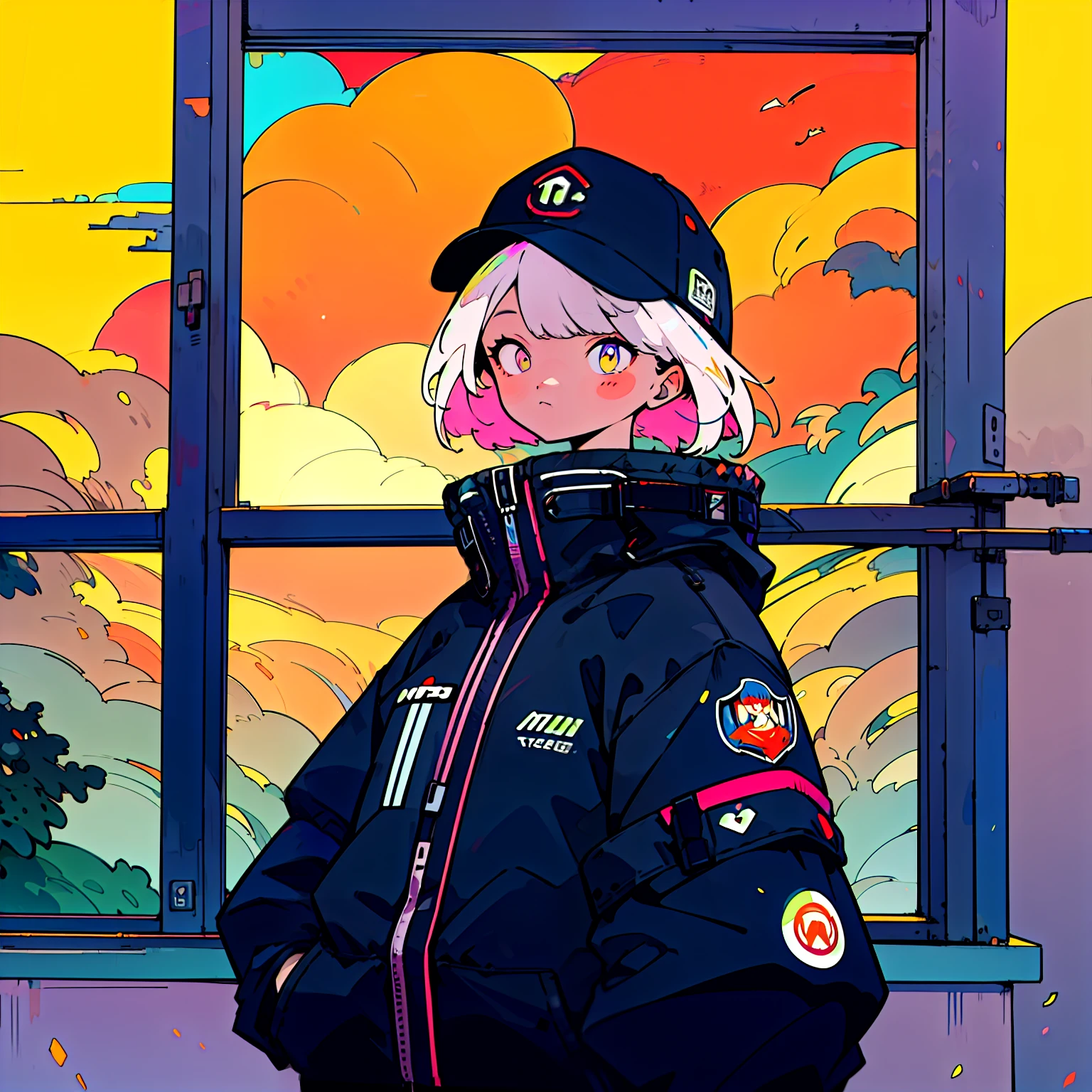 masterpiece, Highest quality, 4K, Ultra-high resolution, mishoujo, Painting, Beautiful eyes and fine face, figure, Beautiful details, high resolution figure, Shine_white_particle, One girl, white hair, Light purple eyes, Hair on one eye, Short side details, Baseball cap,Expressionless, Window Shades, Black jacket, Chest Rig, cyber punk, Techwear,(Impressionism:1.4), Vincent van Gogh