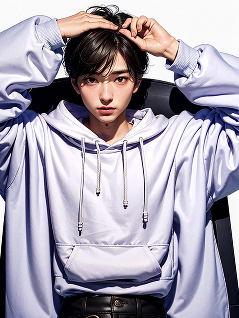 Handsome 20 year old man who wears sweatshirt and headphone. He has white plain background.