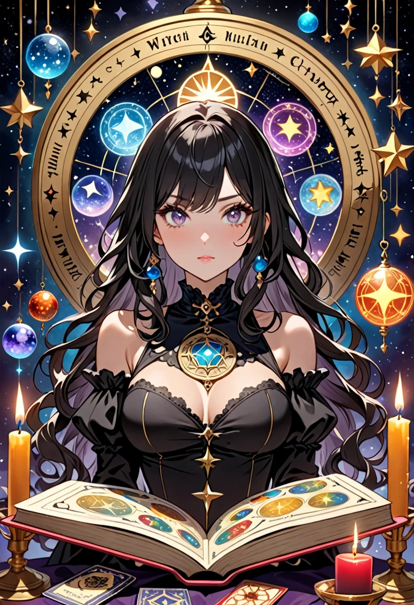 Highest quality, 16K, Unbelievably absurd, Very detailed, 2.5D, delicate and dynamic, , formal, Fortune Telling Hut, Gothic, candle, Astrology Books, Suspicious ornament, Star Chart, Thick book, Creepy Paintings, Gargoyle, A colorful celestial globe, Small face, Very delicate facial expressions, Delicate eye depiction, Upper body close-up, erotic, One sexy woman, Cool woman, black long wavy hair, Healthy body shape, 25-year-old woman, Cool woman, Height: 170cm, huge bouncing busts, astrologer, Horoscope, Tarot Cards, Suspicious look, A complex magician&#39;s outfit, Magician&#39;s outfit in chic colors, garter belt, Fishnet tights, Magician&#39;s Shoes, At the desk, Fortune telling, 