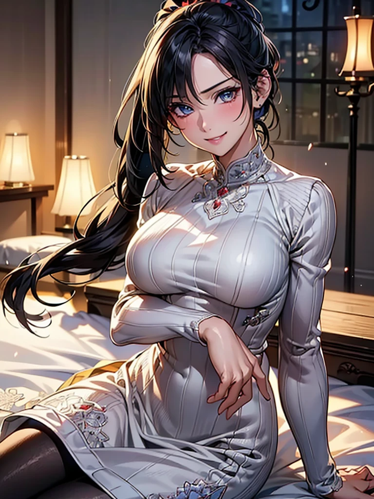 Highest quality, Ultra-high resolution, (Realistic: 1.4), beautiful Eyes, Super beautiful, beautiful, spouse, Knit dress, beautiful Soldier, Eyes that beckon, spouseの視点, Attractive look, Sexy smile, Perfect Style, Perfect balance, Detailed skin, Mischievous Gaze, (Black Hair、ponytail),　Droopy eyes、