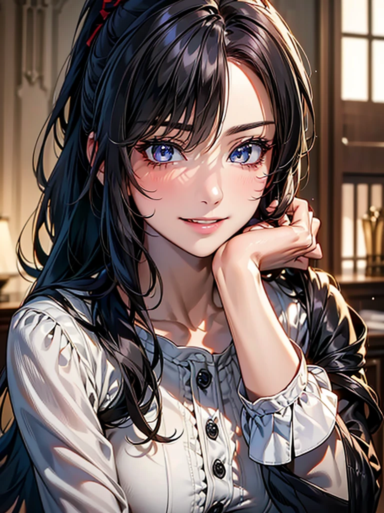 Highest quality, Ultra-high resolution, (Realistic: 1.4), beautiful Eyes, Super beautiful, beautiful, spouse, Knit dress, beautiful Soldier, Eyes that beckon, spouseの視点, Attractive look, Sexy smile, Perfect Style, Perfect balance, Detailed skin, Mischievous Gaze, (Black Hair、ponytail),　Droopy eyes、