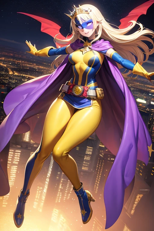 ((best quality)), ((masterpiece)), (detailed), 1 girl, Full body, 19 years old, White skin, Smiling face, Blue eyes, Star shaped tiara, Arms outstretched, Arms behind waist, Masked face, Eye mask, Superhero mask, blue mask, Blushing, Blonde hair, Straight hair, Long hair, Bangs, 2 star clips on the sides of hair, Full body, Medium breasts, Slim body, Hands with yellow stars on them, Wrist bands, Long yellow gloves, Purple gloves, Superhero costume, Superheroes, Full body entirely yellow suit, With a big yellow star in the center, Star emblem, Somewhat tight, Long yellow cape on waist, Red belt, Thighs with tights purple, purple boots, flying, city background, anime